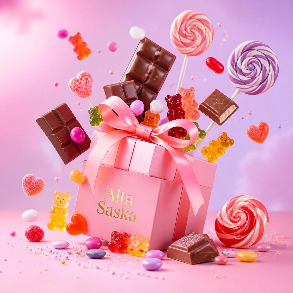 Colourful composition of candies, chocolate, gummies and a pink gift box