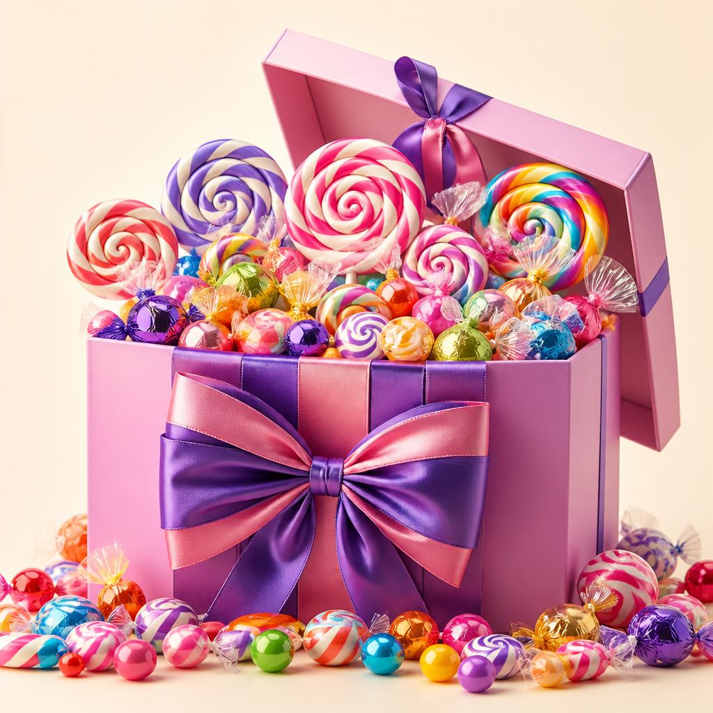 Pink gift box overflowing with colourful candy